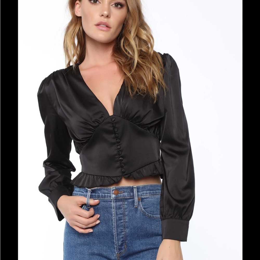 Chic Black Satin Button-Up Blouse